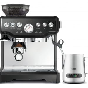 Front view of Sage Barista Express Bean to Cup coffee machine in black with milk foaming jugl